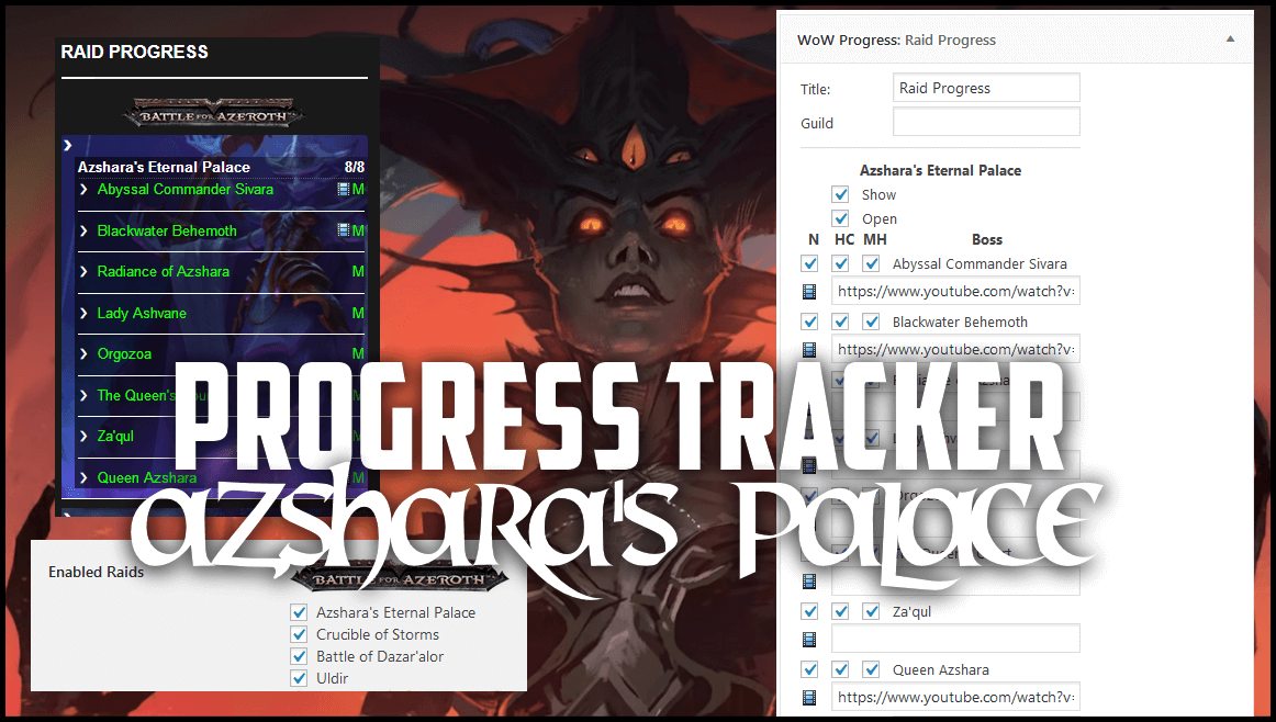 Plugin for Wordpress wow progress tracker and boss kill tracker full youtube and twitch support free download for your website.